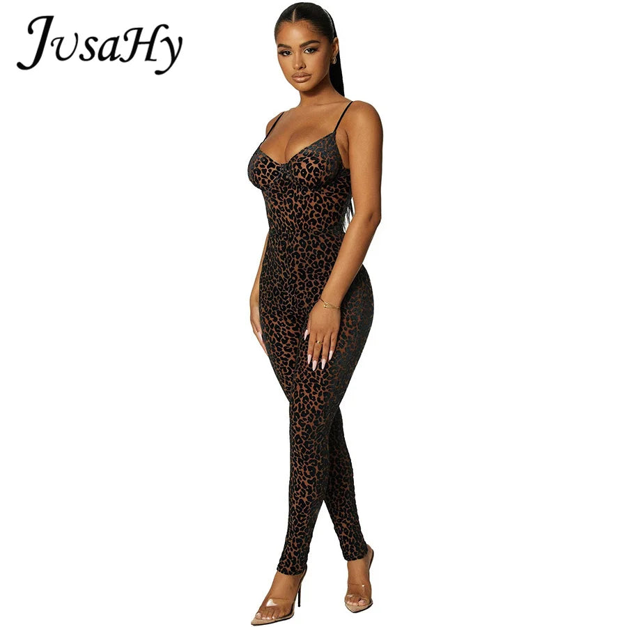 Leopard Print Flocking Jumpsuit